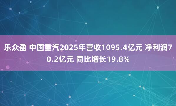 乐众盈 中国重汽2025年营收1095.4亿元 净利润70.2亿元 同比增长19.8%